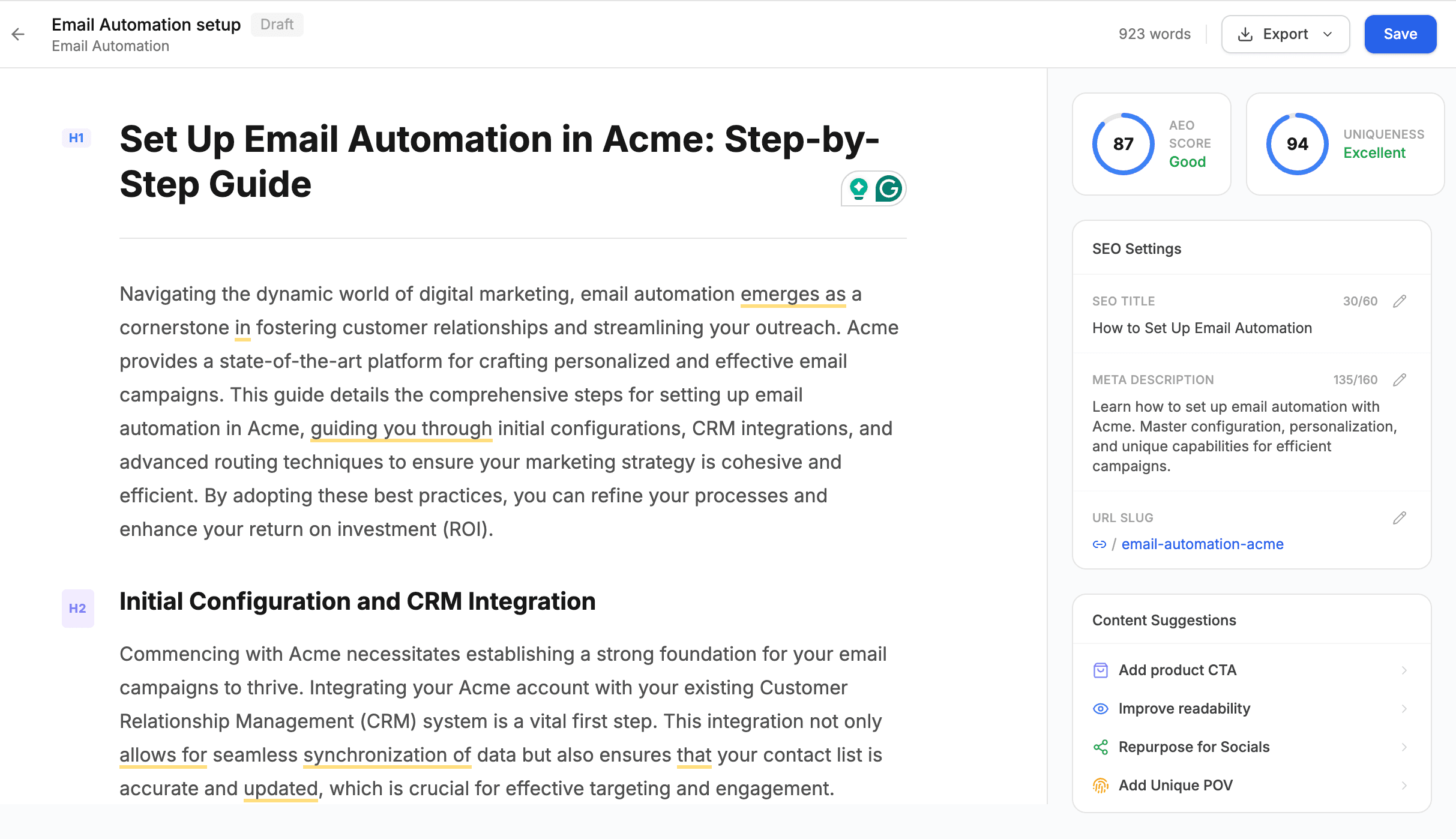 Content Engineering – editor with AEO score, SEO settings, and AI content suggestions