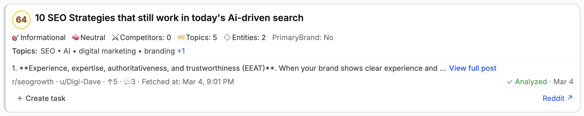 Reddit post card with Serplock classifications